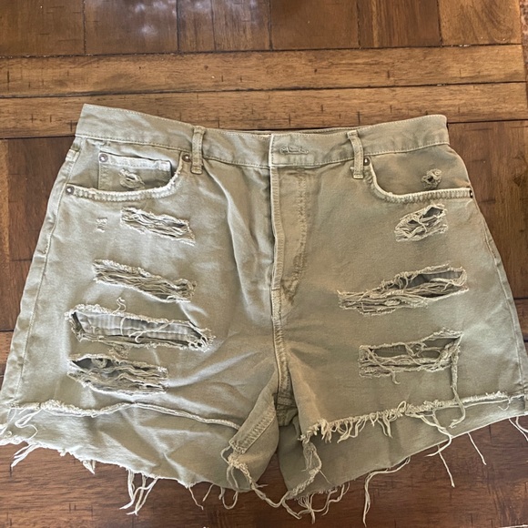 Free People Pants - We The Free Olive Green Distressed Denim Shorts